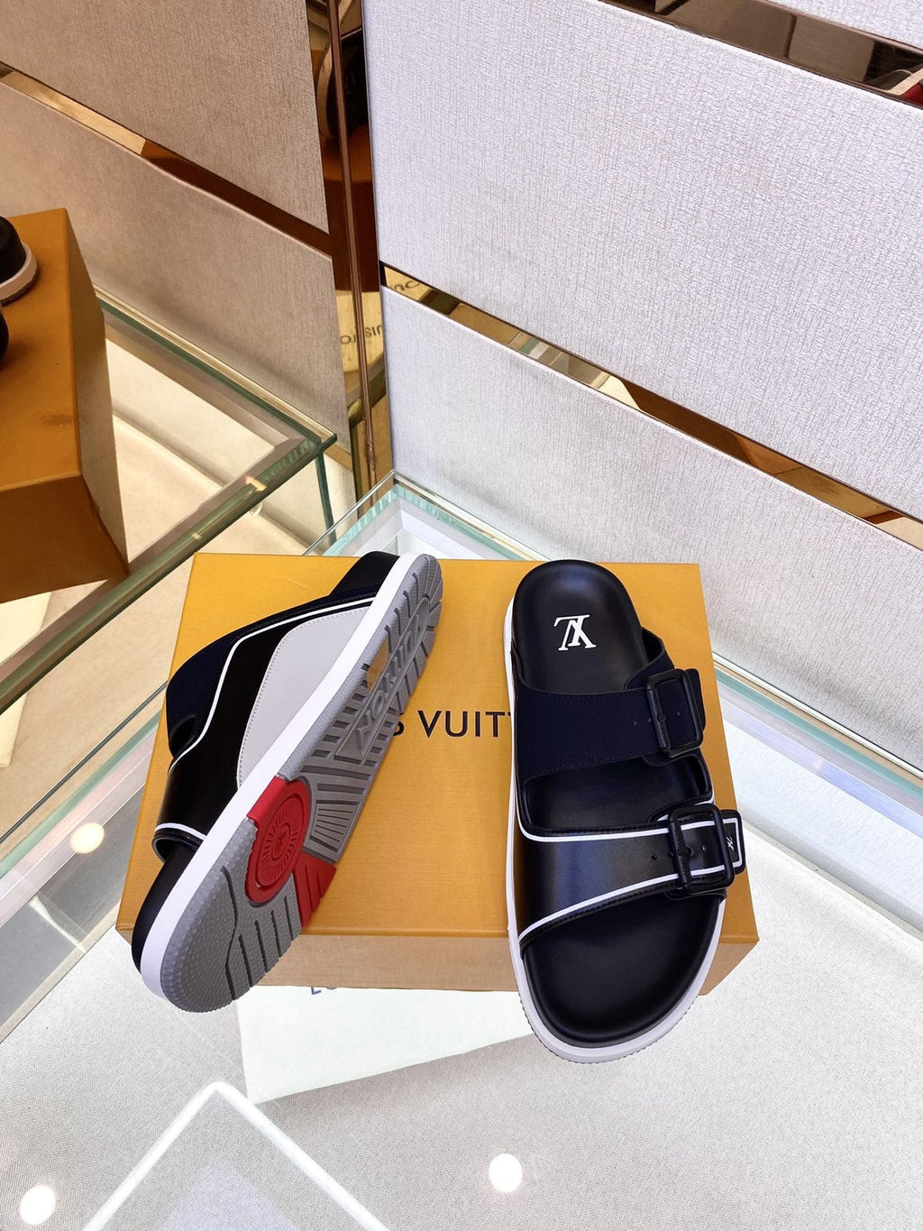 Louis Vuitton Black Two-Strap Slide Sandals — back