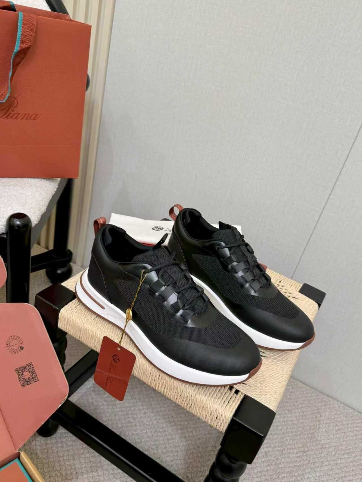 Loro Piana Black Leather Low-Top Sneakers — front