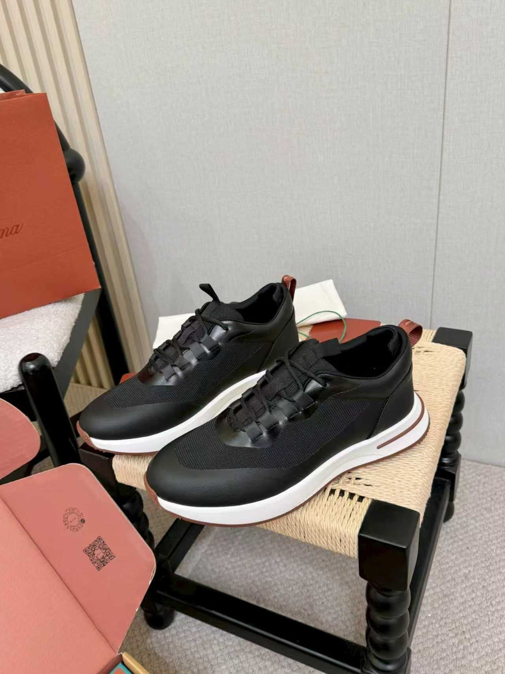 Loro Piana Black Leather Low-Top Sneakers — side