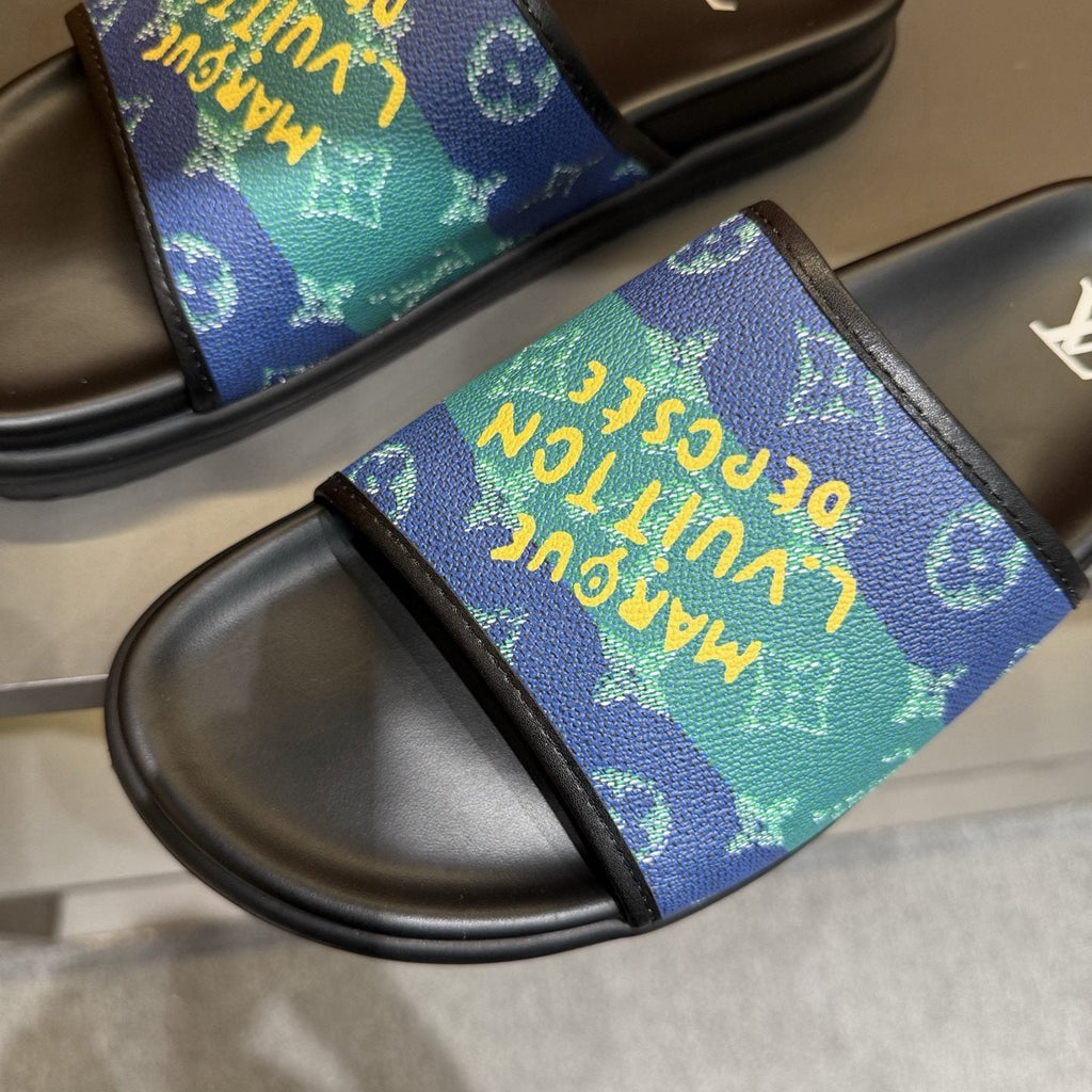 Louis Vuitton Blue & Green Printed Slide Sandals — front