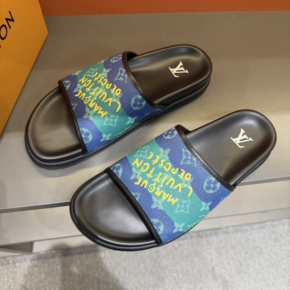 Louis Vuitton Blue & Green Printed Slide Sandals — front