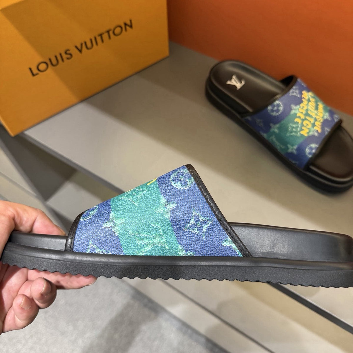 Louis Vuitton Blue & Green Printed Slide Sandals — side