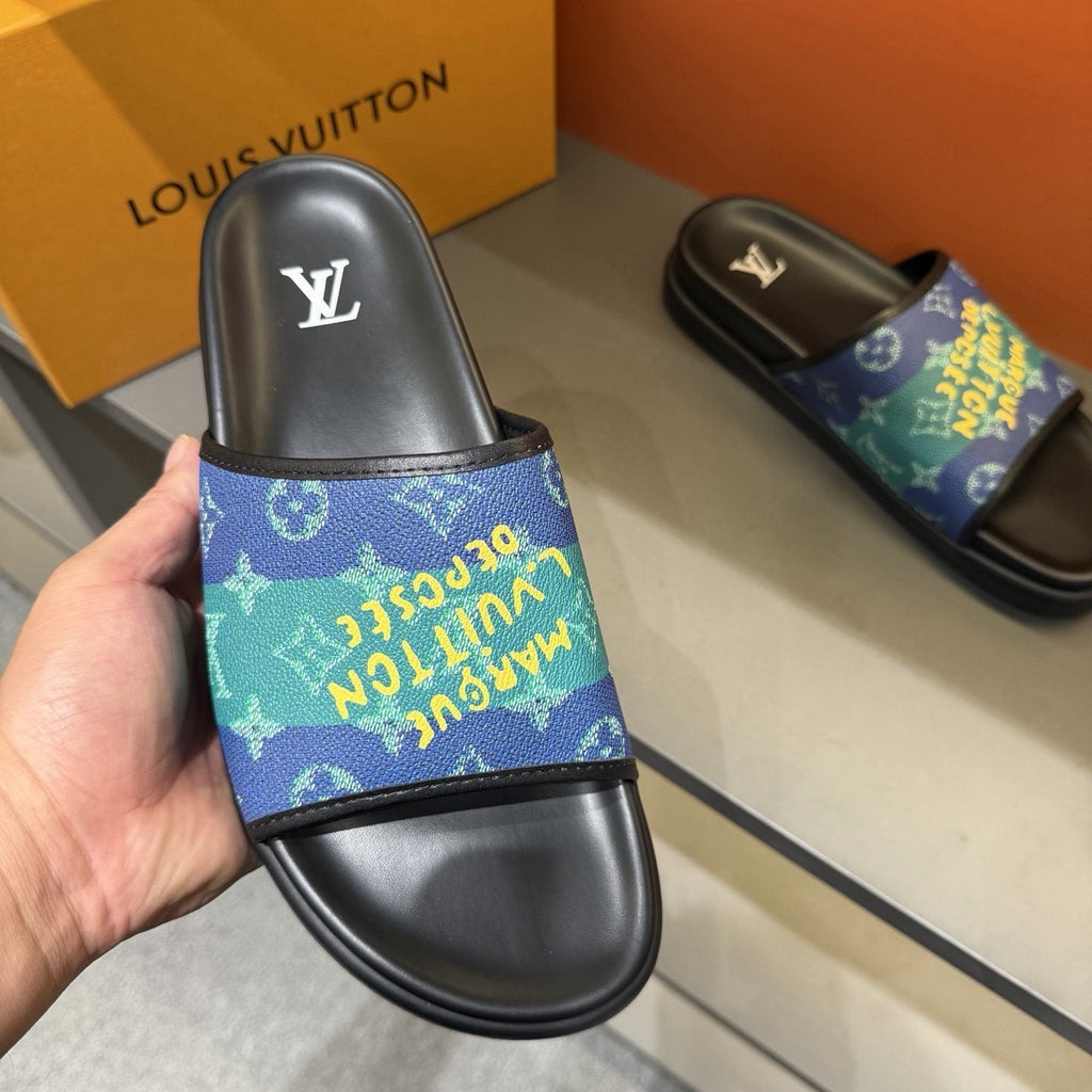Louis Vuitton Blue & Green Printed Slide Sandals — model