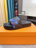 Louis Vuitton Brown and Blue Check Slide Sandals — hero