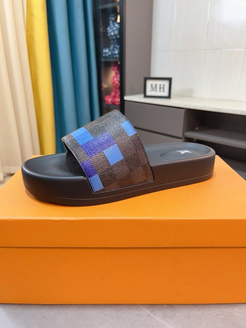 Louis Vuitton Brown and Blue Check Slide Sandals — hero
