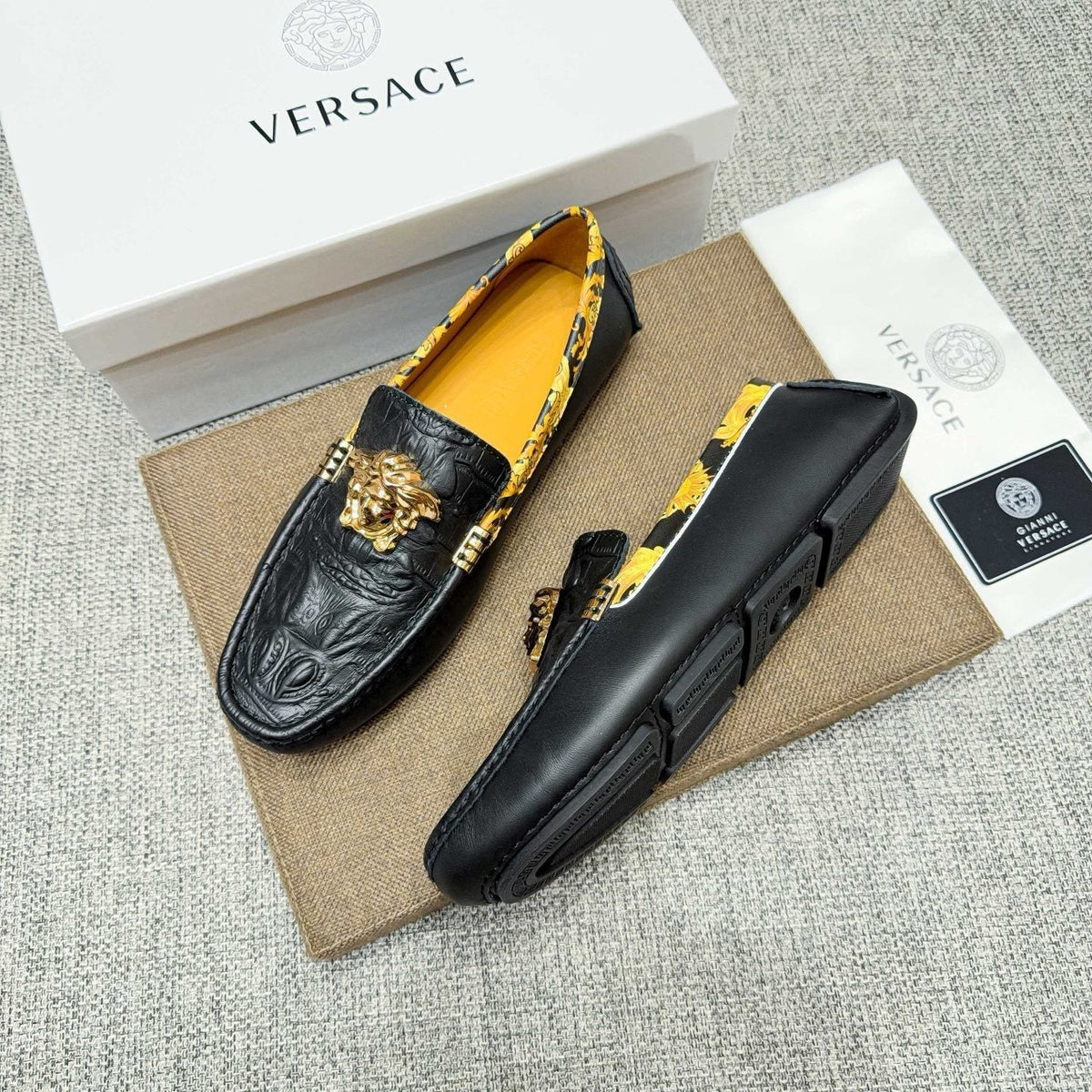 Versace Black Gold Hardware Loafers — side