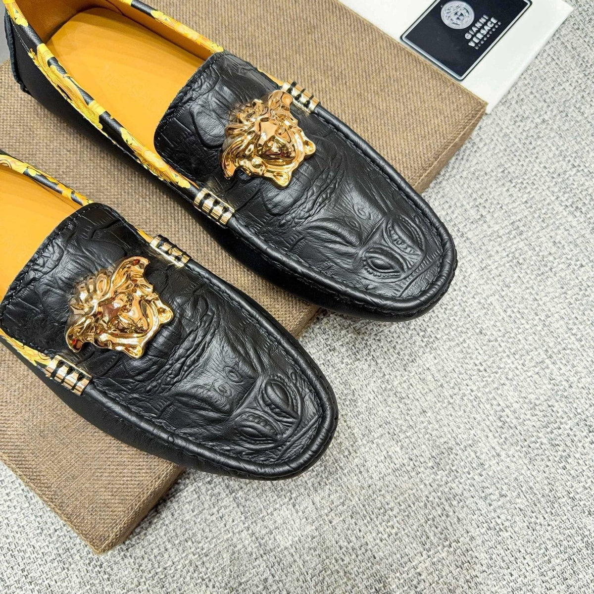 Versace Black Gold Hardware Loafers — detail