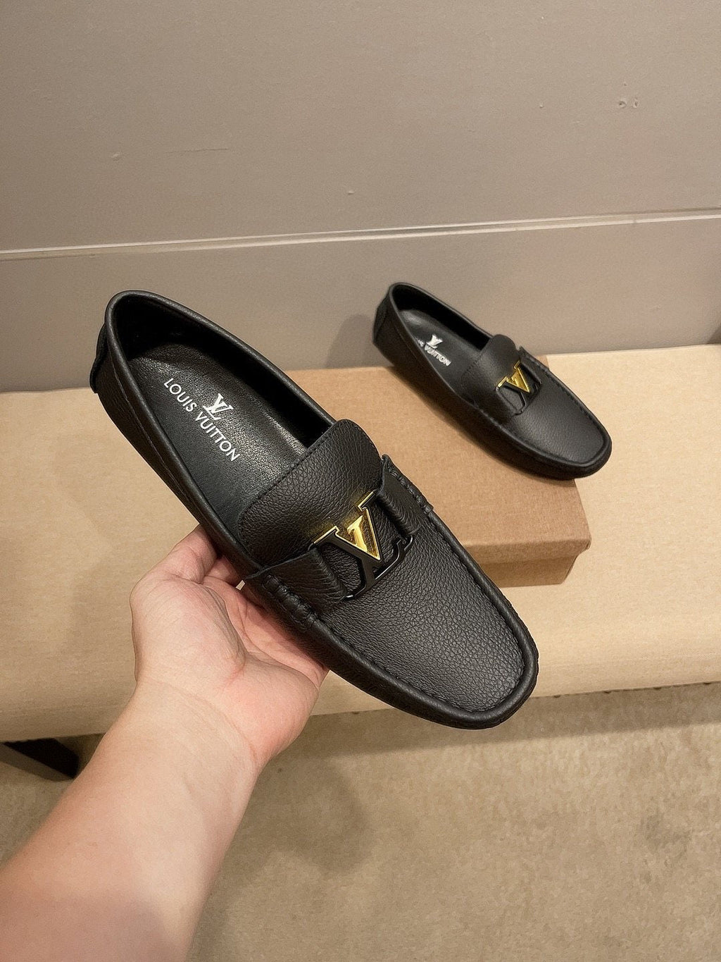 Louis Vuitton Black Gold-Tone Buckle Loafers — front