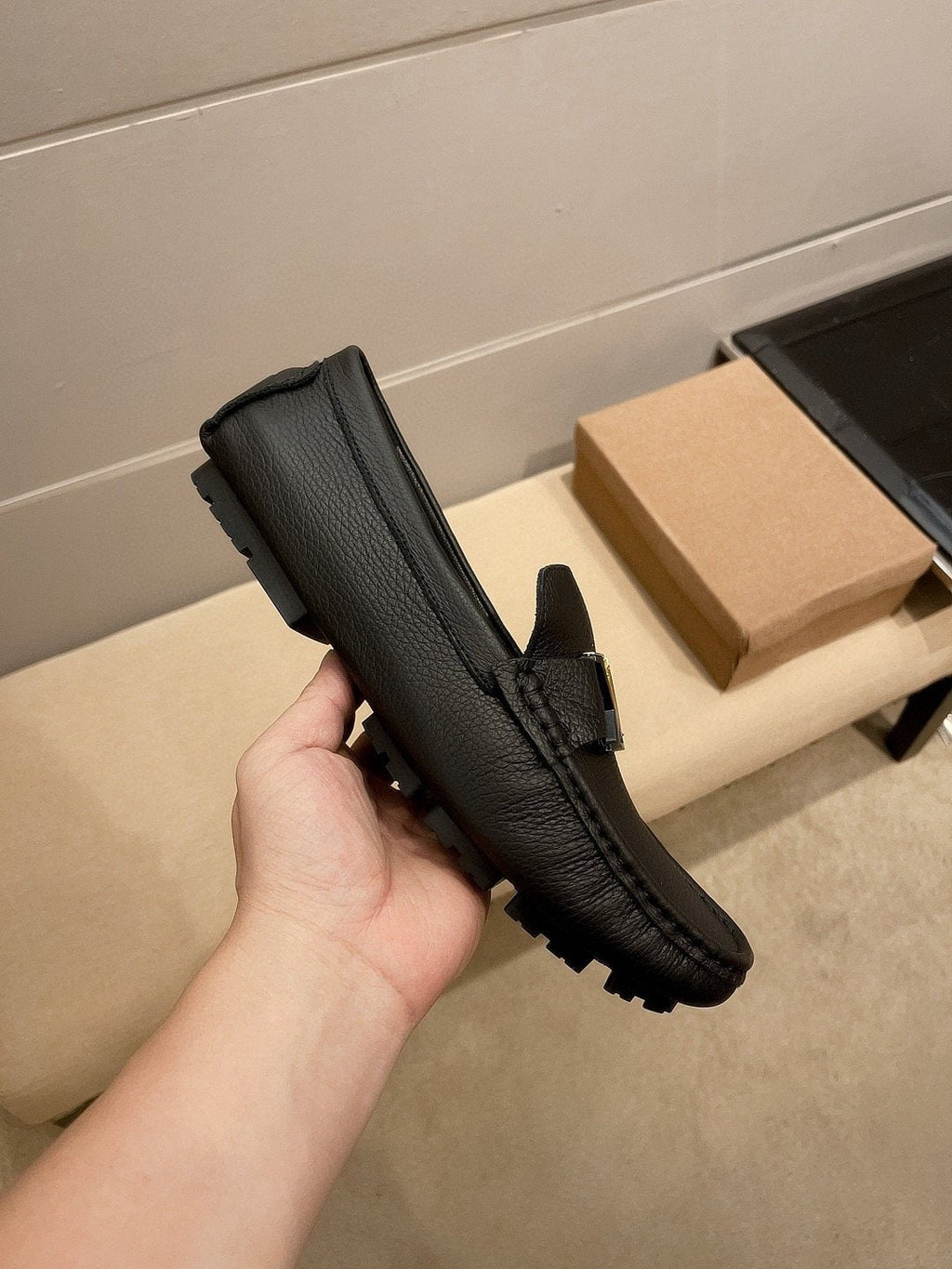 Louis Vuitton Black Gold-Tone Buckle Loafers — side