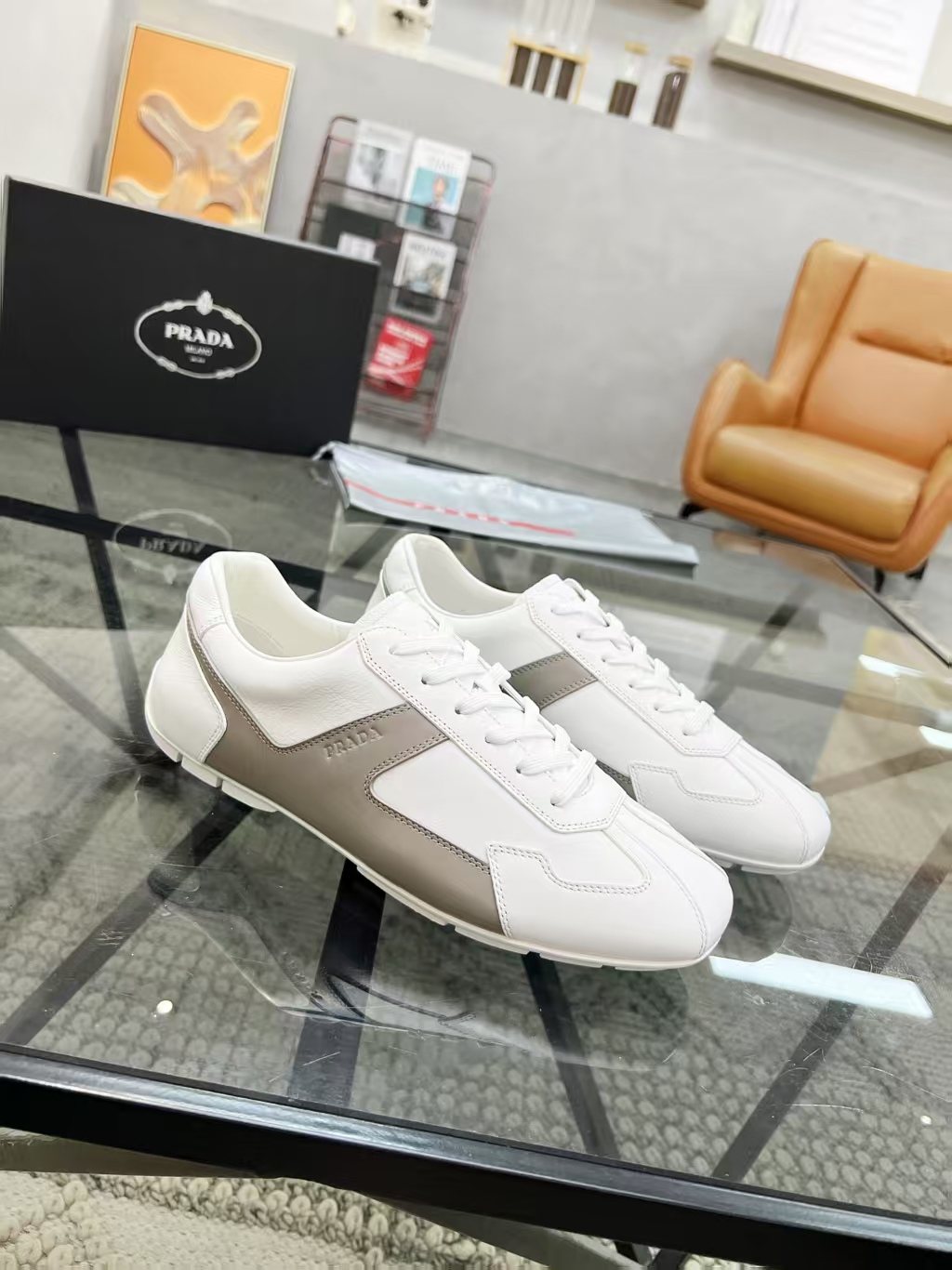Prada White and Taupe Low-Top Sneakers — side