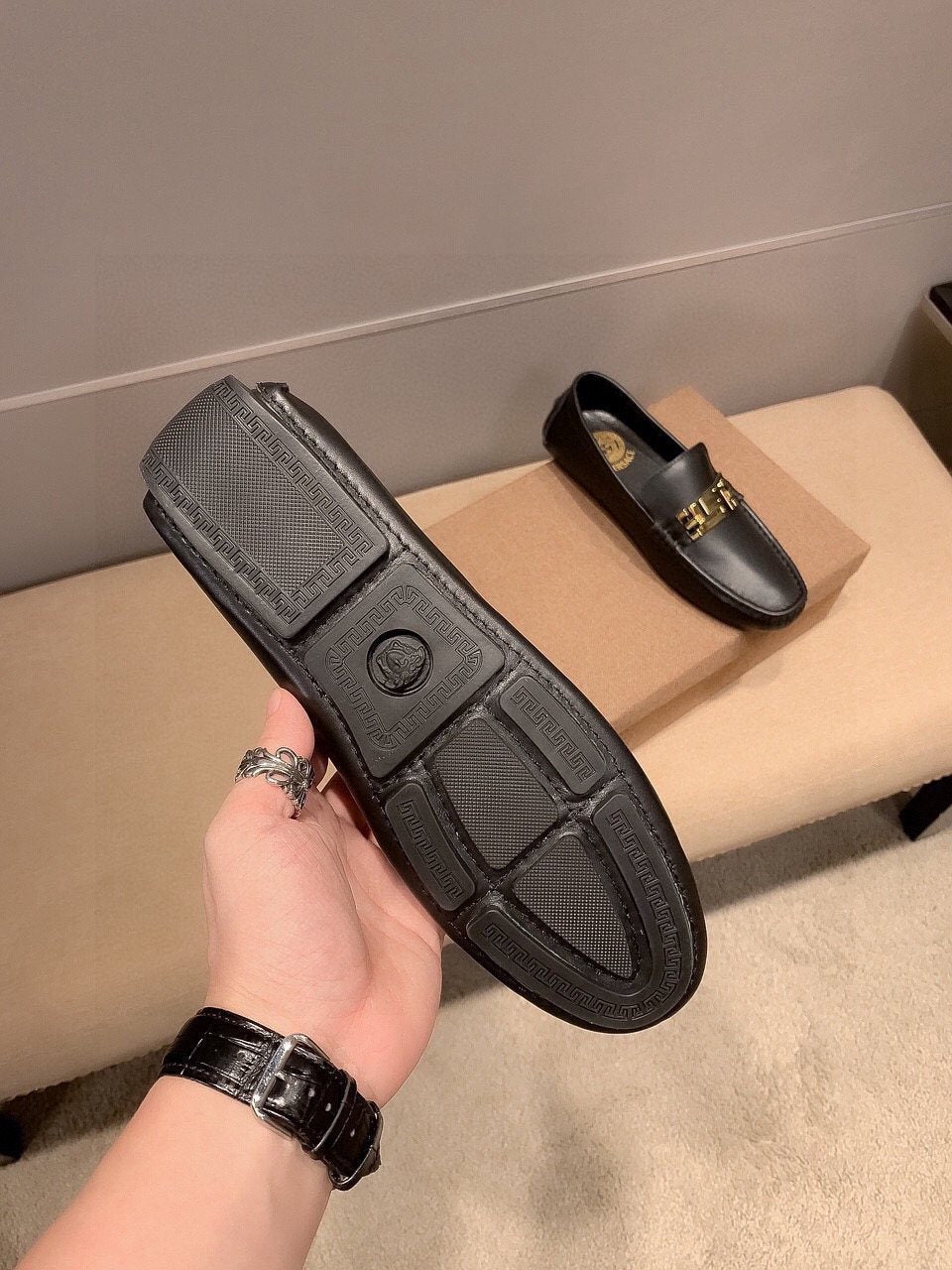 Versace Black Gold-Hardware Loafers — detail