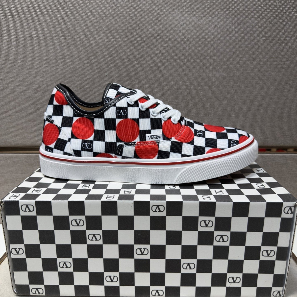 Vans Checkerboard Red Accent Sneakers — side