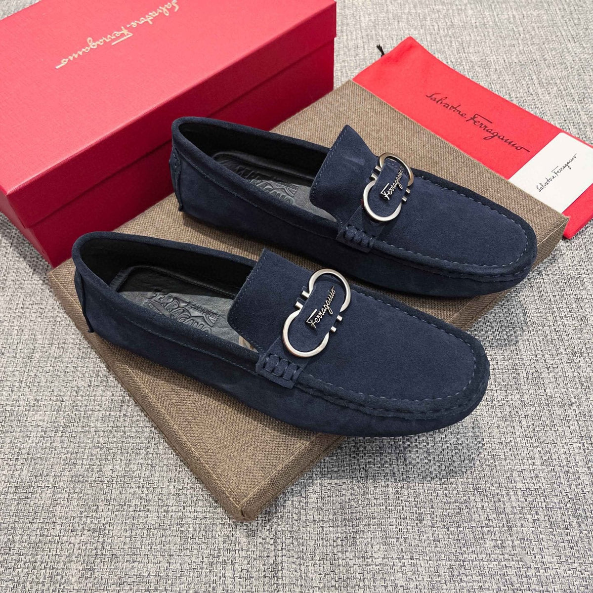 Salvatore Ferragamo Navy Suede Bit Loafers — front