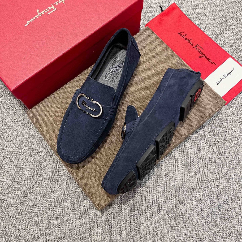 Salvatore Ferragamo Navy Suede Bit Loafers — front