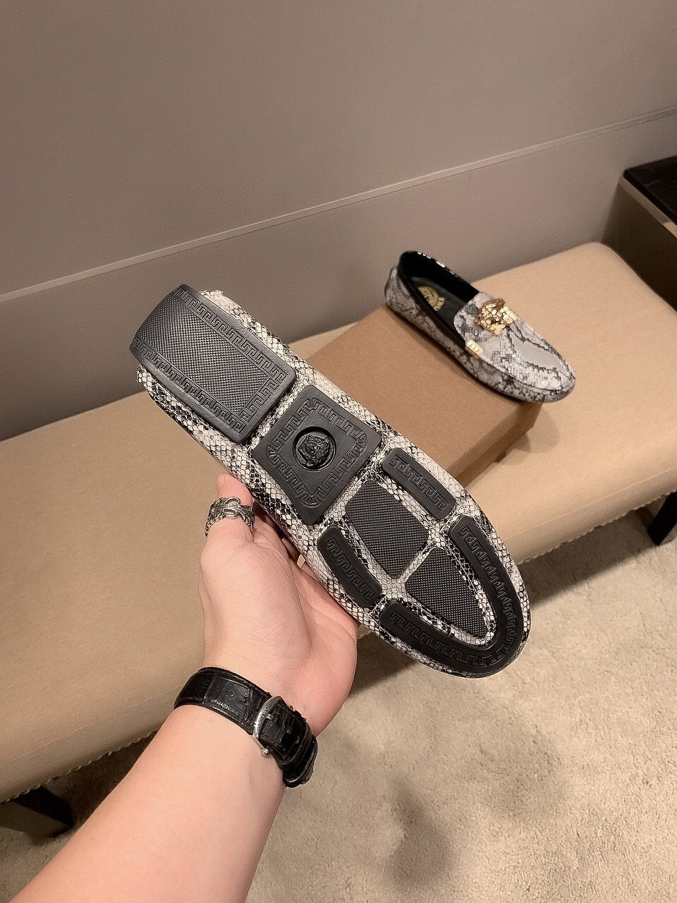 Versace Gray Snakeskin Slip-On Loafers — detail
