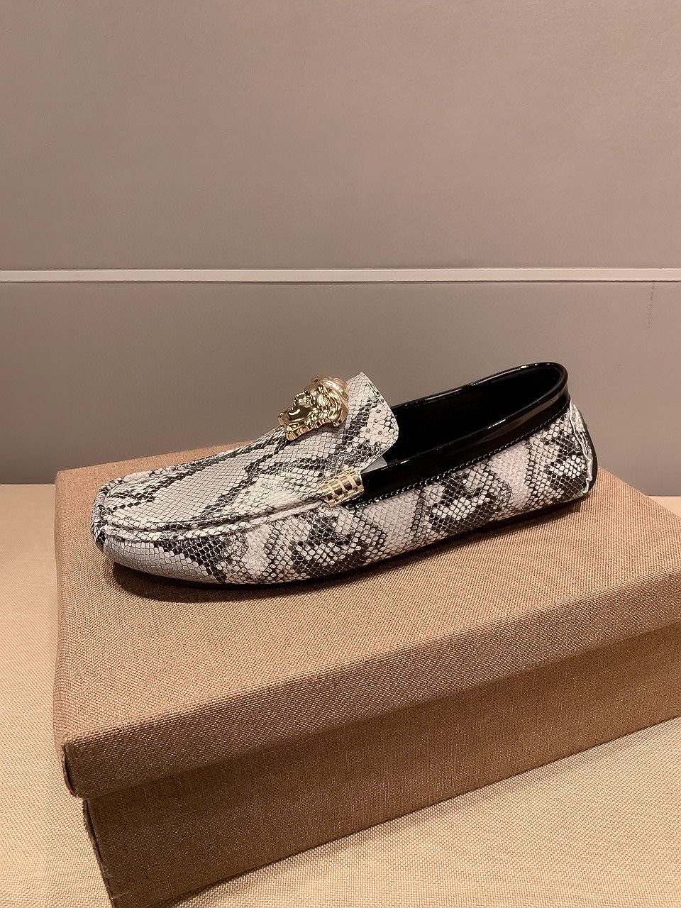 Versace Gray Snakeskin Slip-On Loafers — side