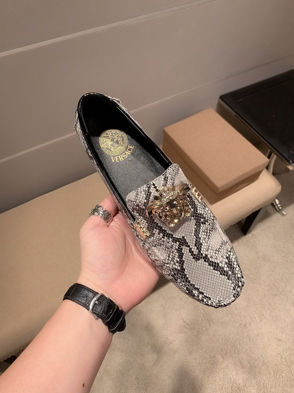 Versace Gray Snakeskin Slip-On Loafers — model