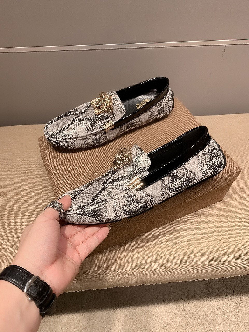 Versace Gray Snakeskin Slip-On Loafers — model