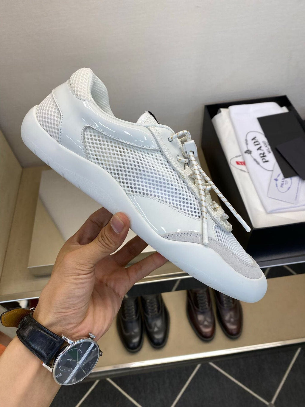 Prada White Mesh Panel Sneakers — side