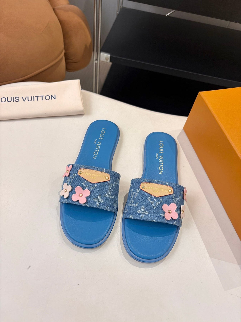 Louis Vuitton Blue Floral Slide Sandals — front