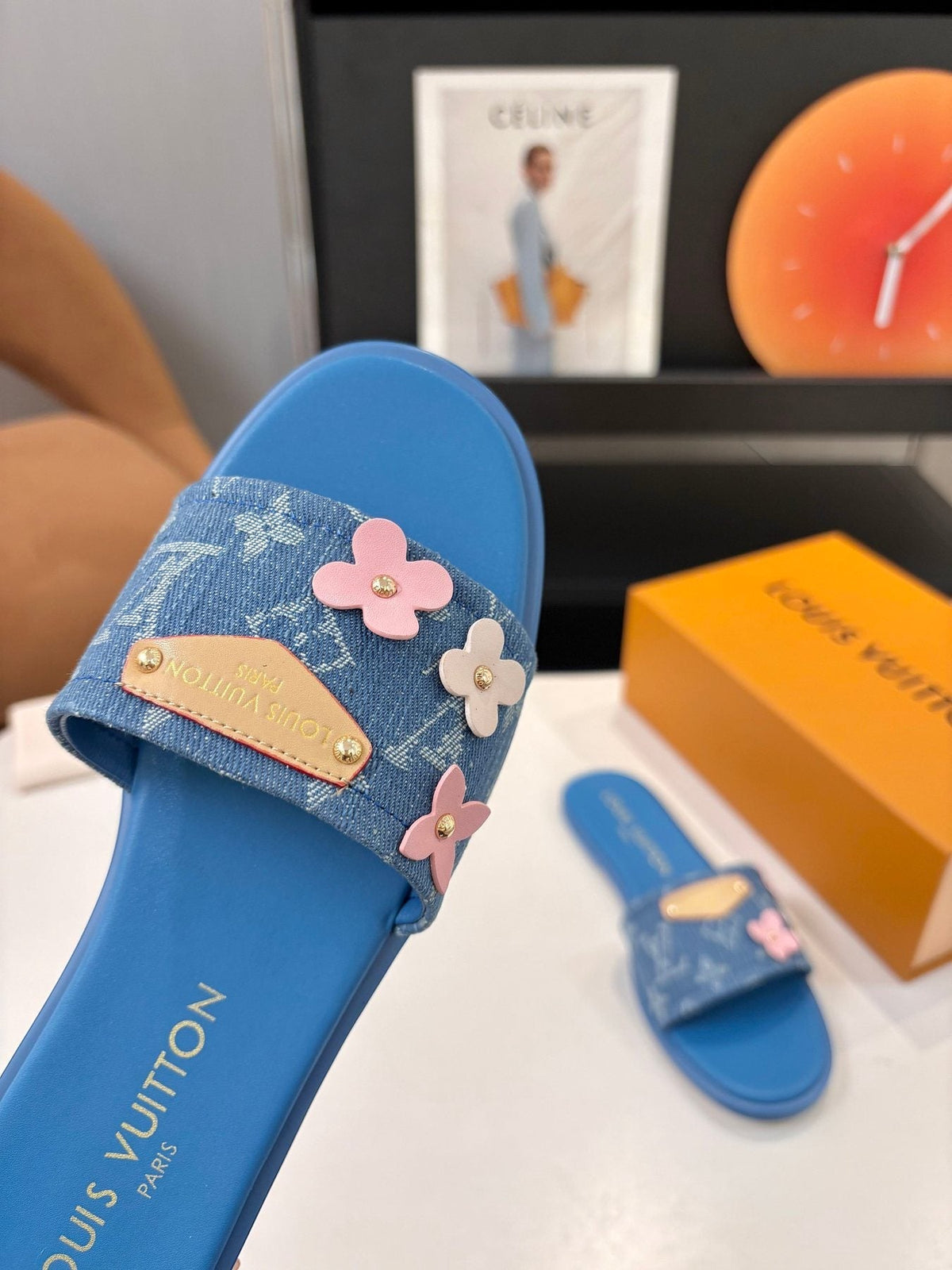 Louis Vuitton Blue Floral Slide Sandals — detail