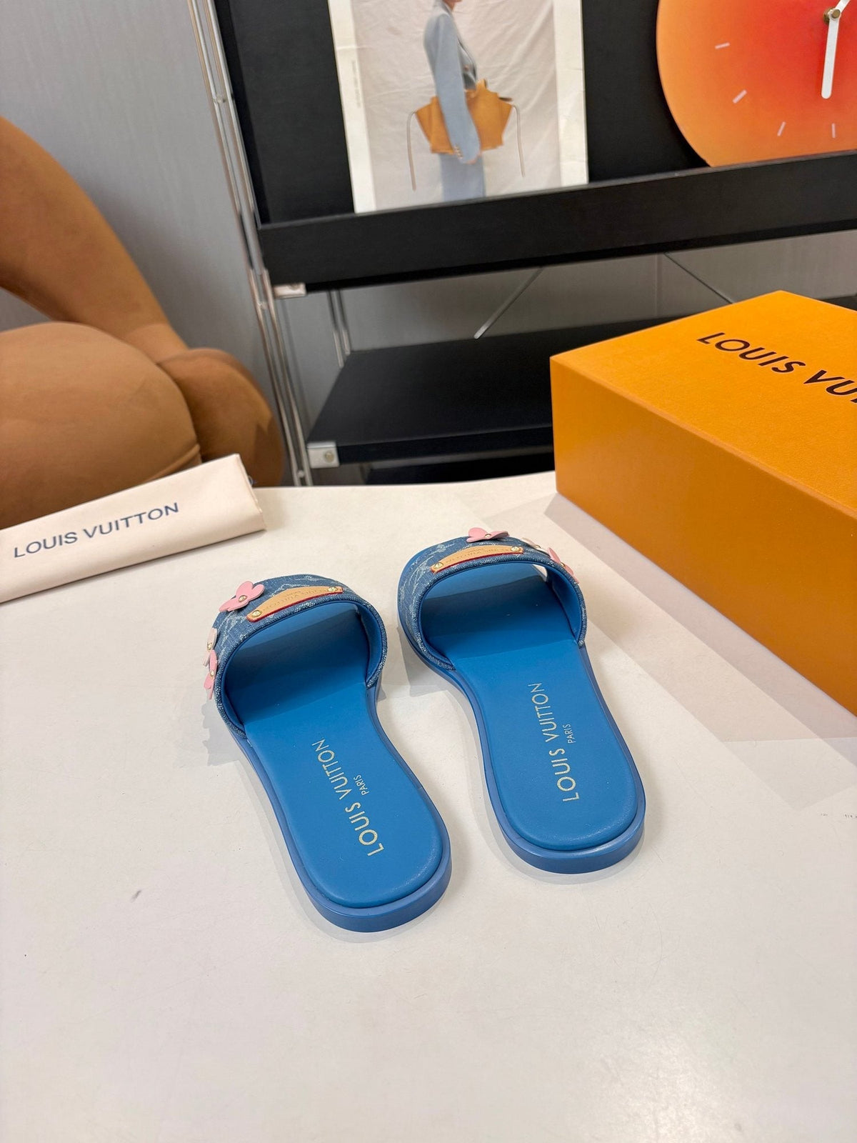 Louis Vuitton Blue Floral Slide Sandals — hero