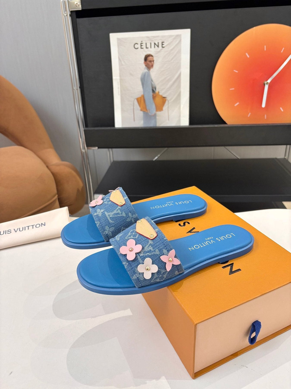 Louis Vuitton Blue Floral Slide Sandals — front