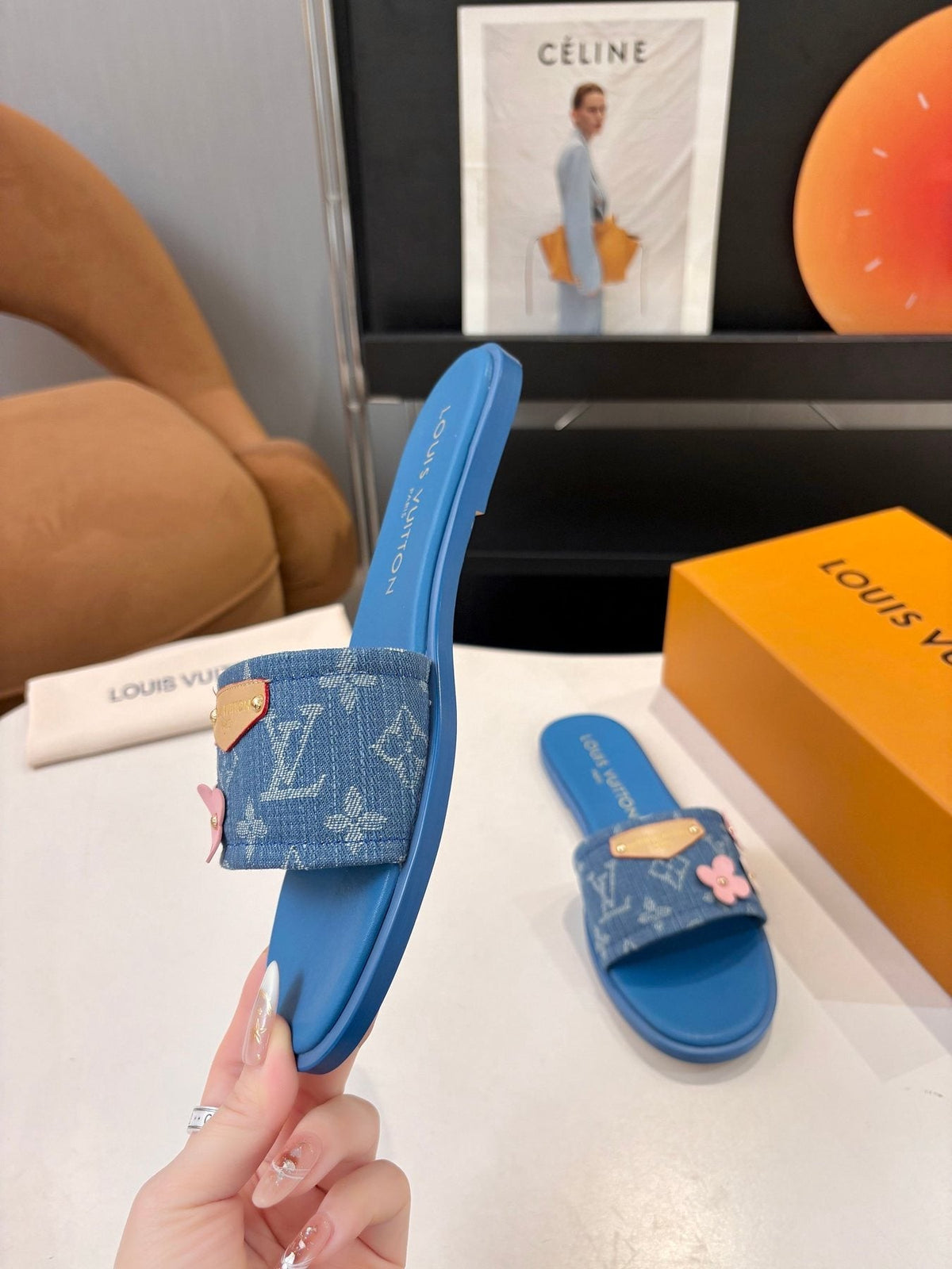 Louis Vuitton Blue Floral Slide Sandals — model