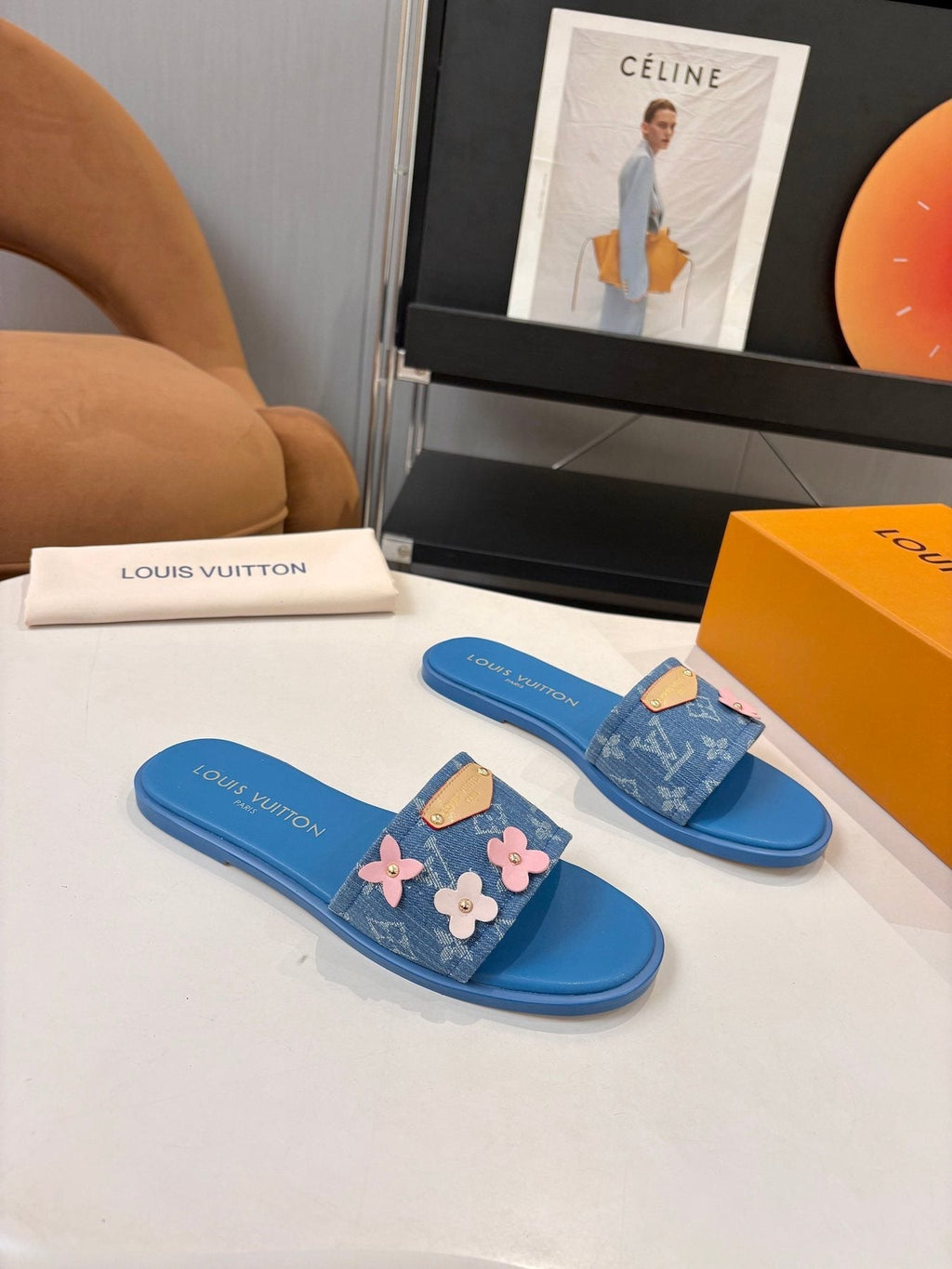 Louis Vuitton Blue Floral Slide Sandals — front