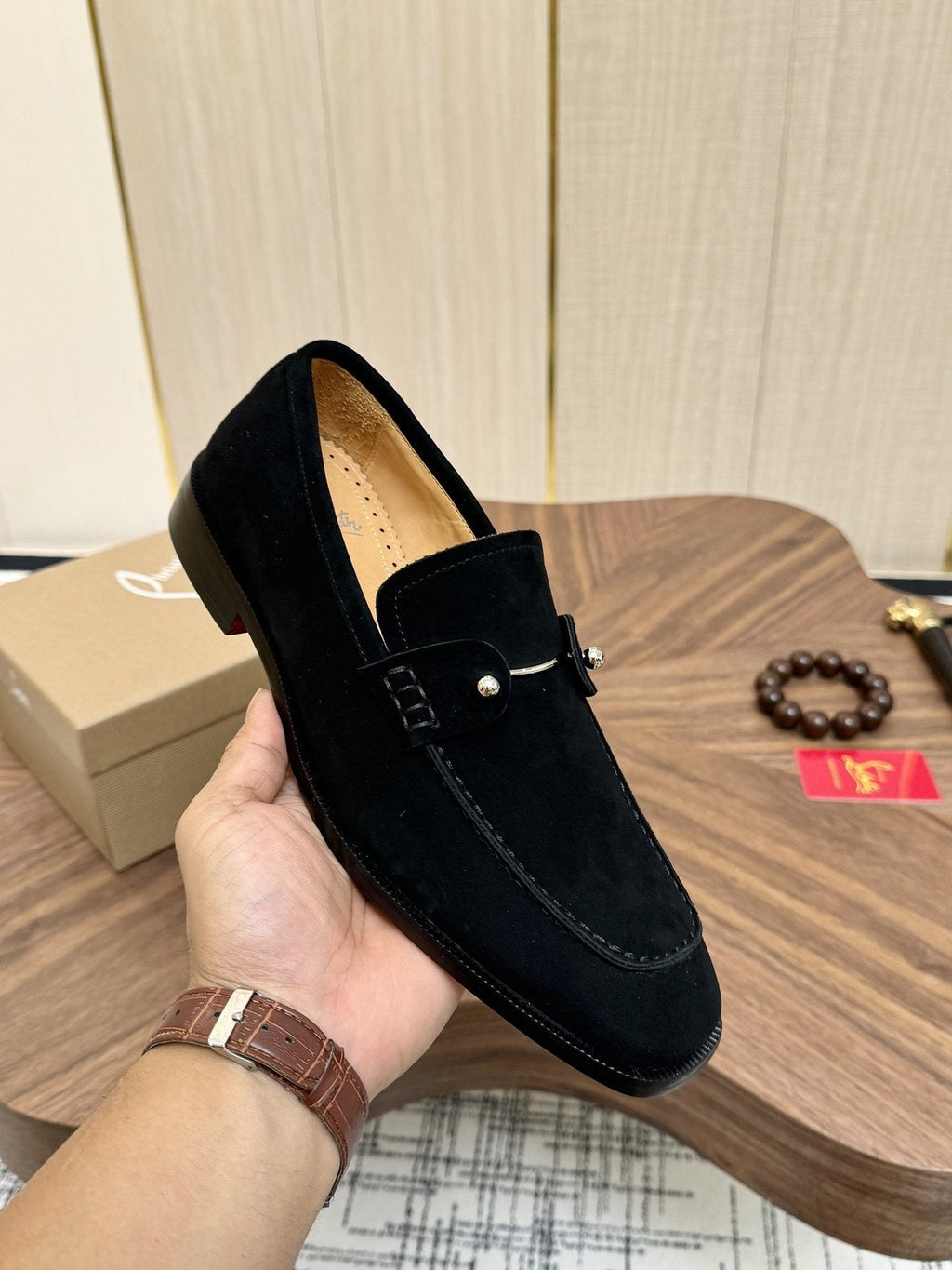Christian Louboutin Black Metal-Accent Slip-On Loafers — model