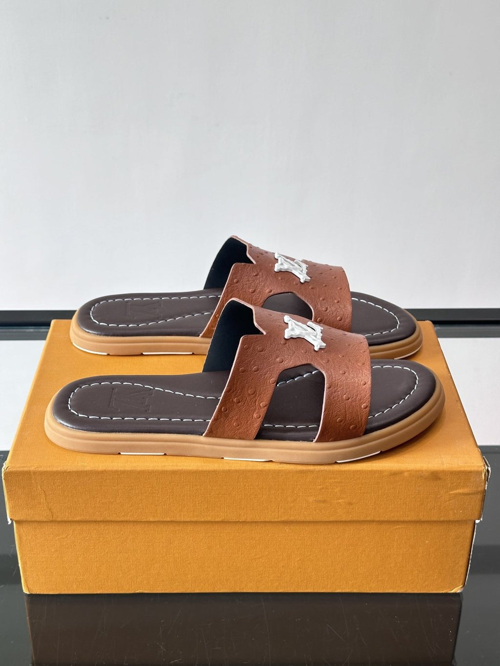 Louis Vuitton Brown Logo Slide Sandals — side