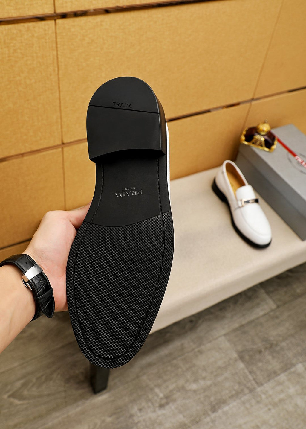 PRADA White Leather Loafers — side