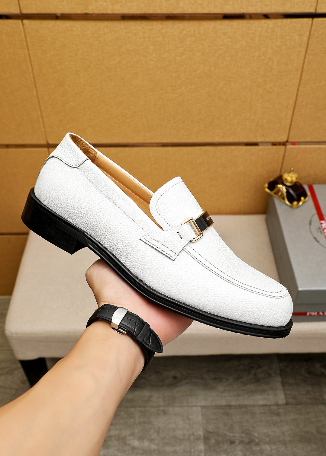 PRADA White Leather Loafers — model