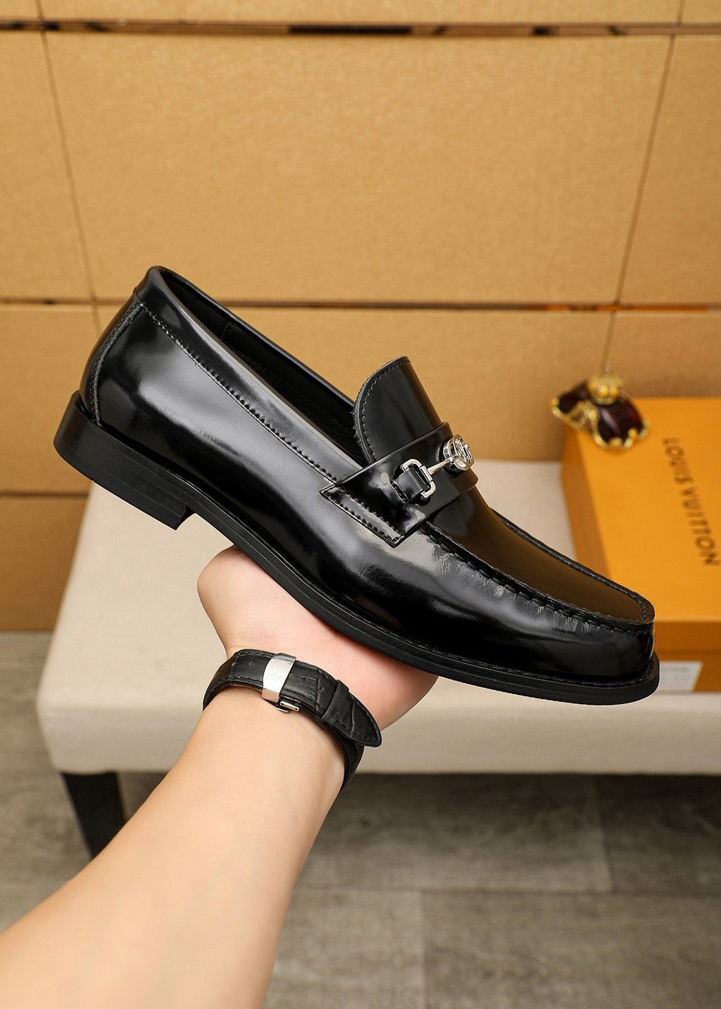 Louis Vuitton Black Metal-Hardware Loafers — side