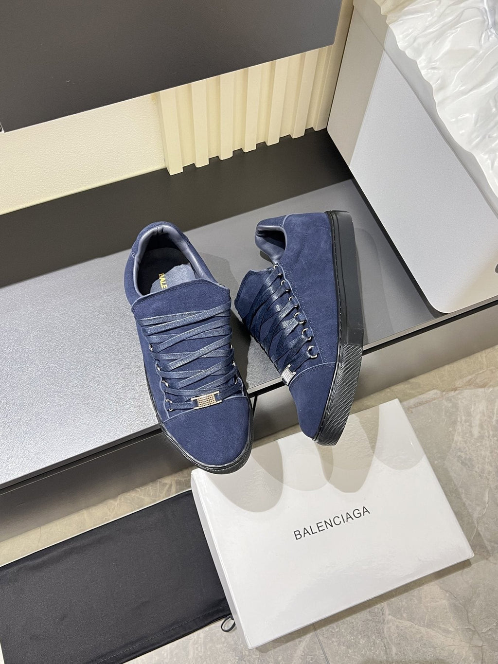 Balenciaga Navy Blue Textured Low-Top Sneakers — front