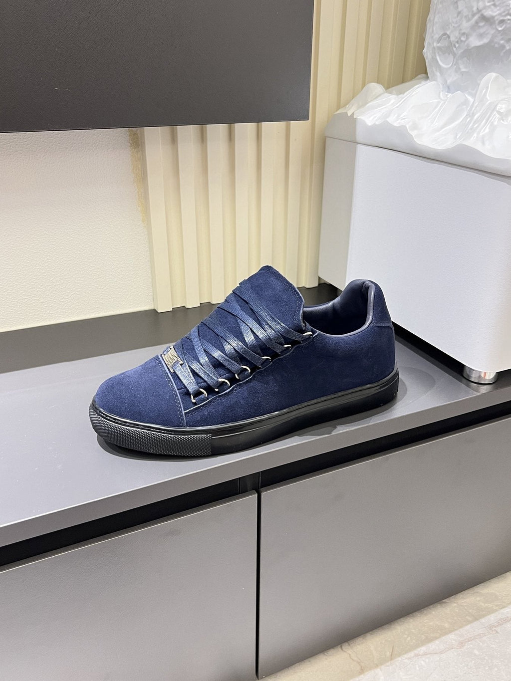 Balenciaga Navy Blue Textured Low-Top Sneakers — side