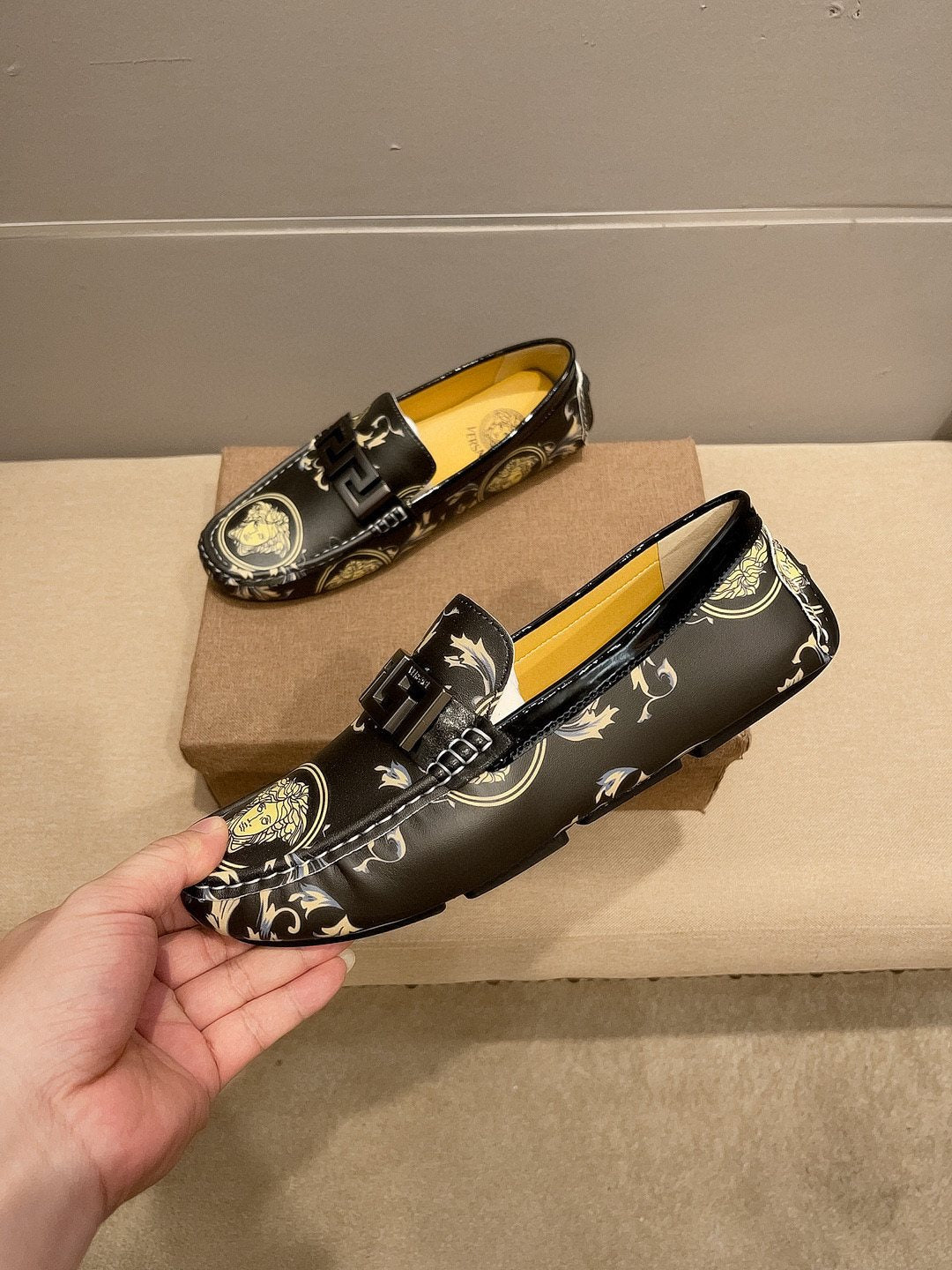 Versace Black & Gold Slip-On Loafers — front