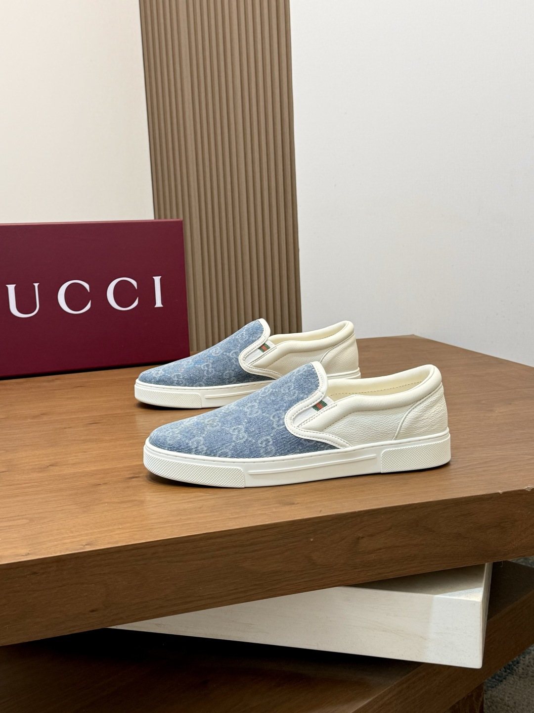 Gucci Blue Patterned Slip-On Sneakers — front