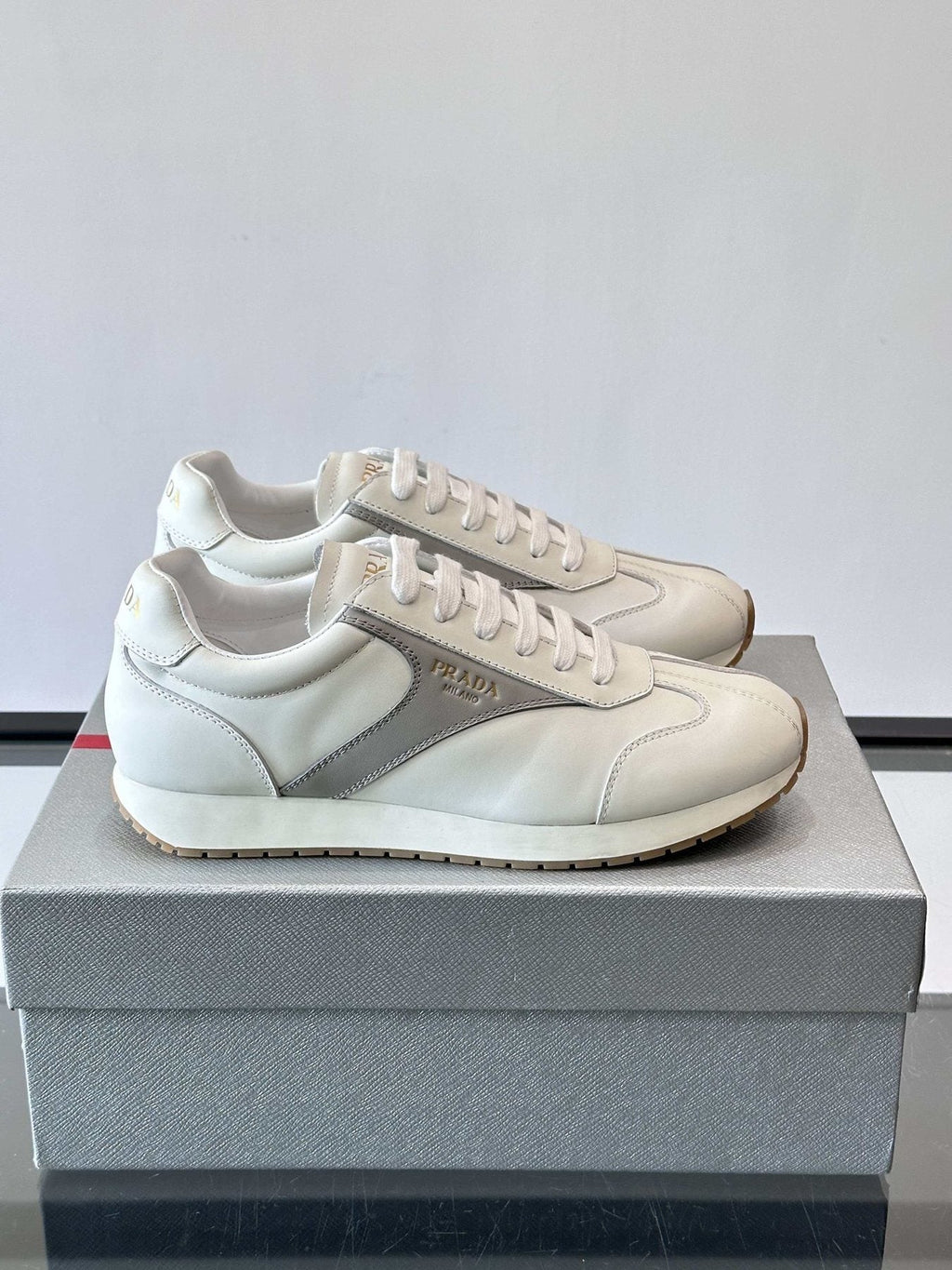 Prada White and Light Gray Sneakers — side