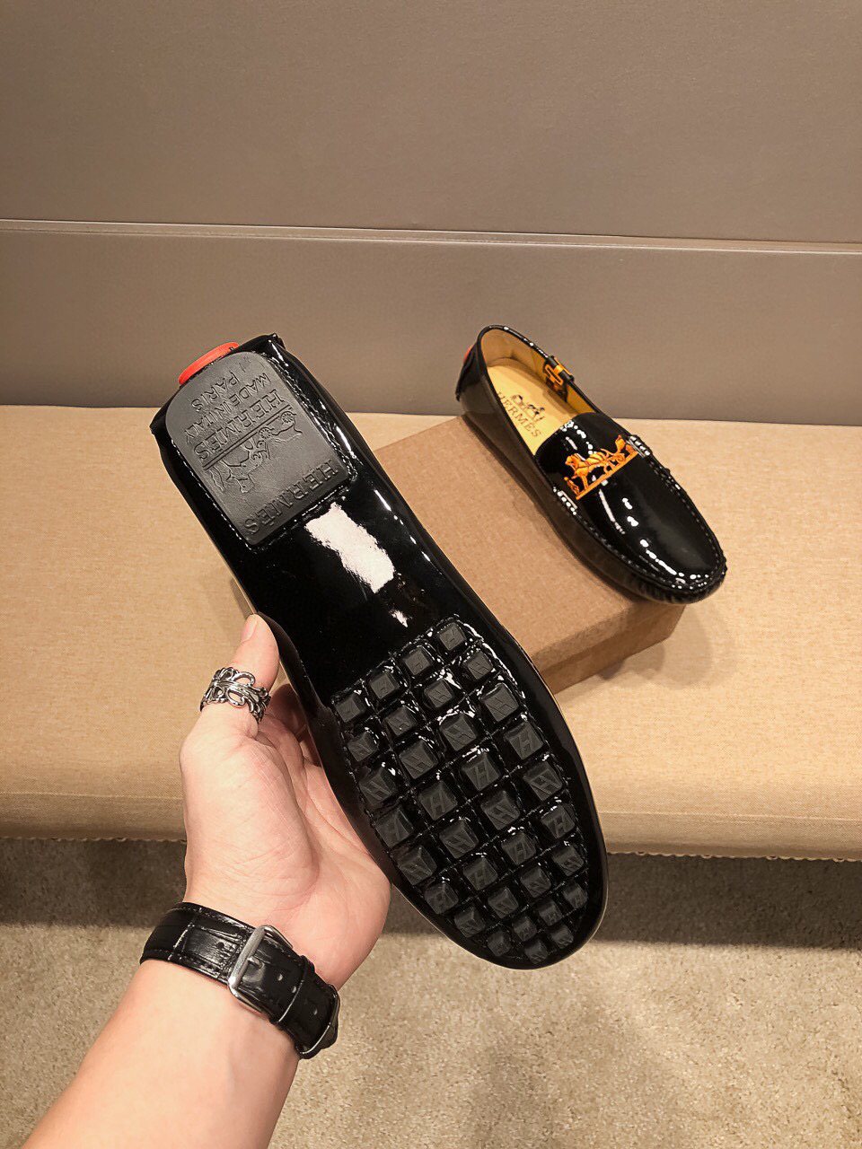 Hermès Black Glossy Hardware Loafers — side