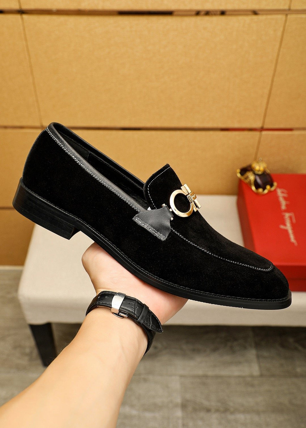 Ferragamo Black Metal-Accent Loafers — side