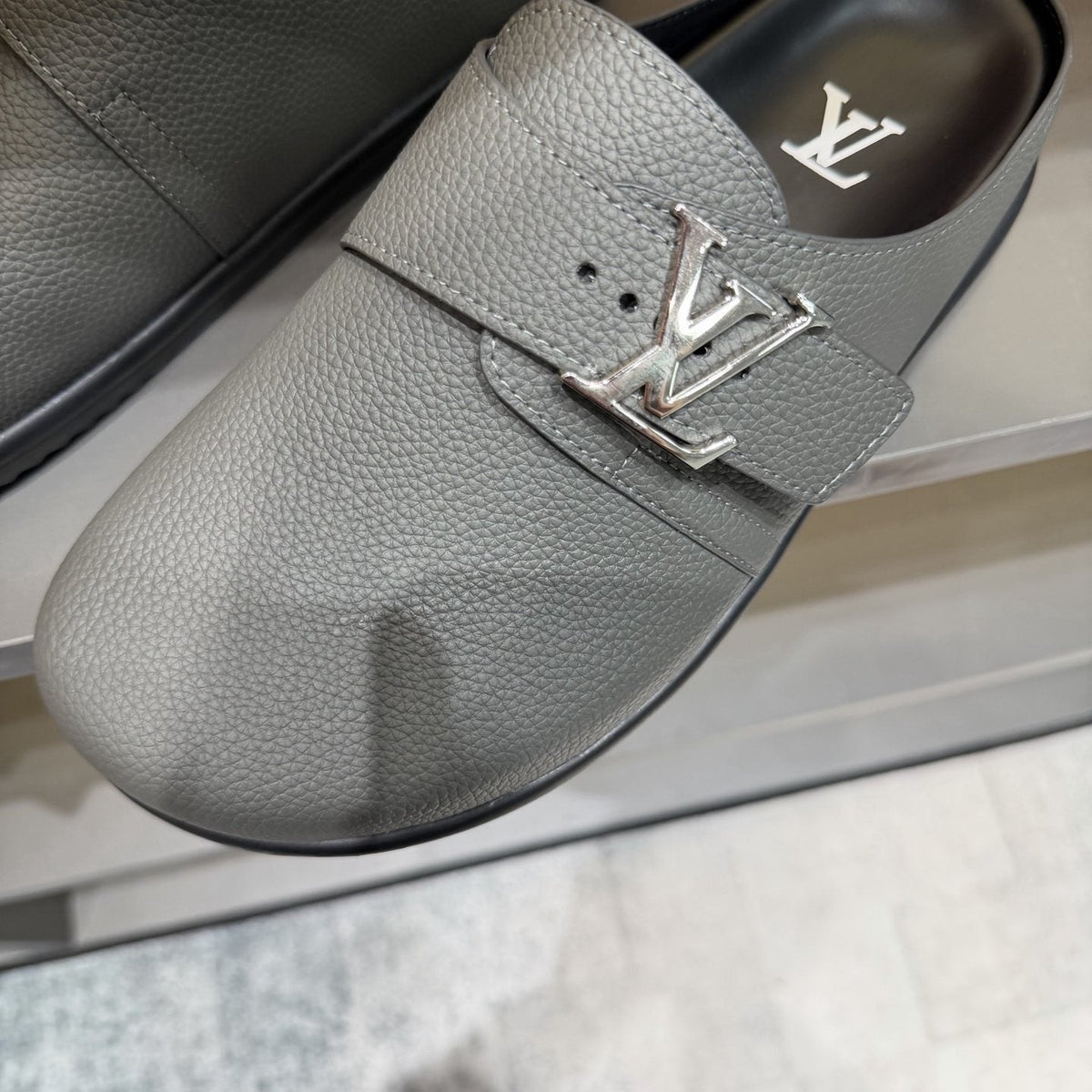 Louis Vuitton Light Gray Monogram Slip-On Sandals — detail