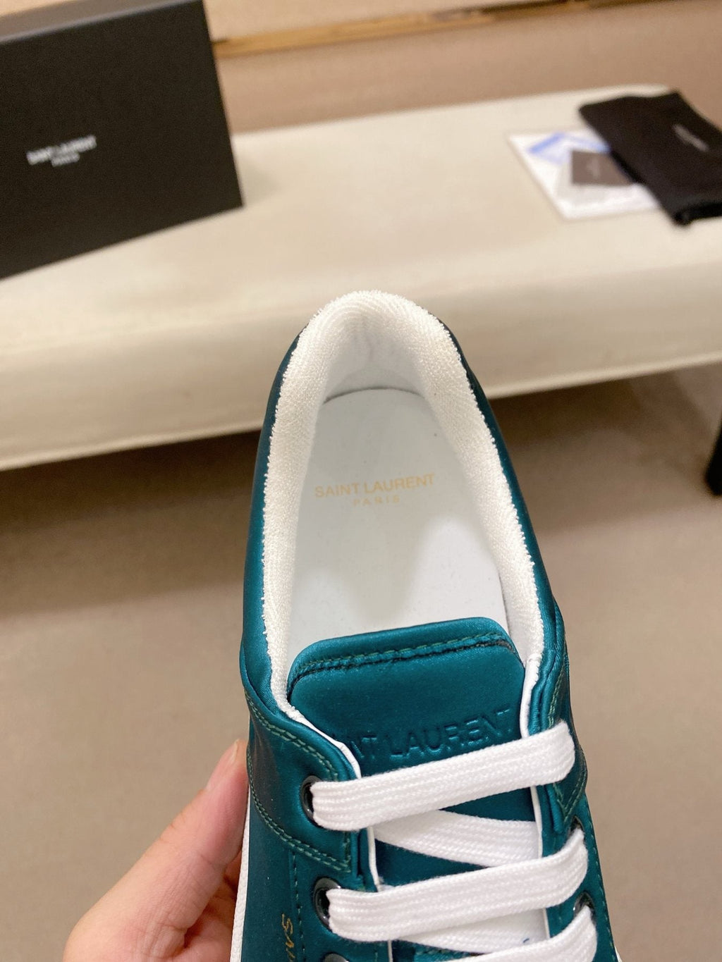 Saint Laurent Teal Blue Perforated Low-Top Sneakers — detail