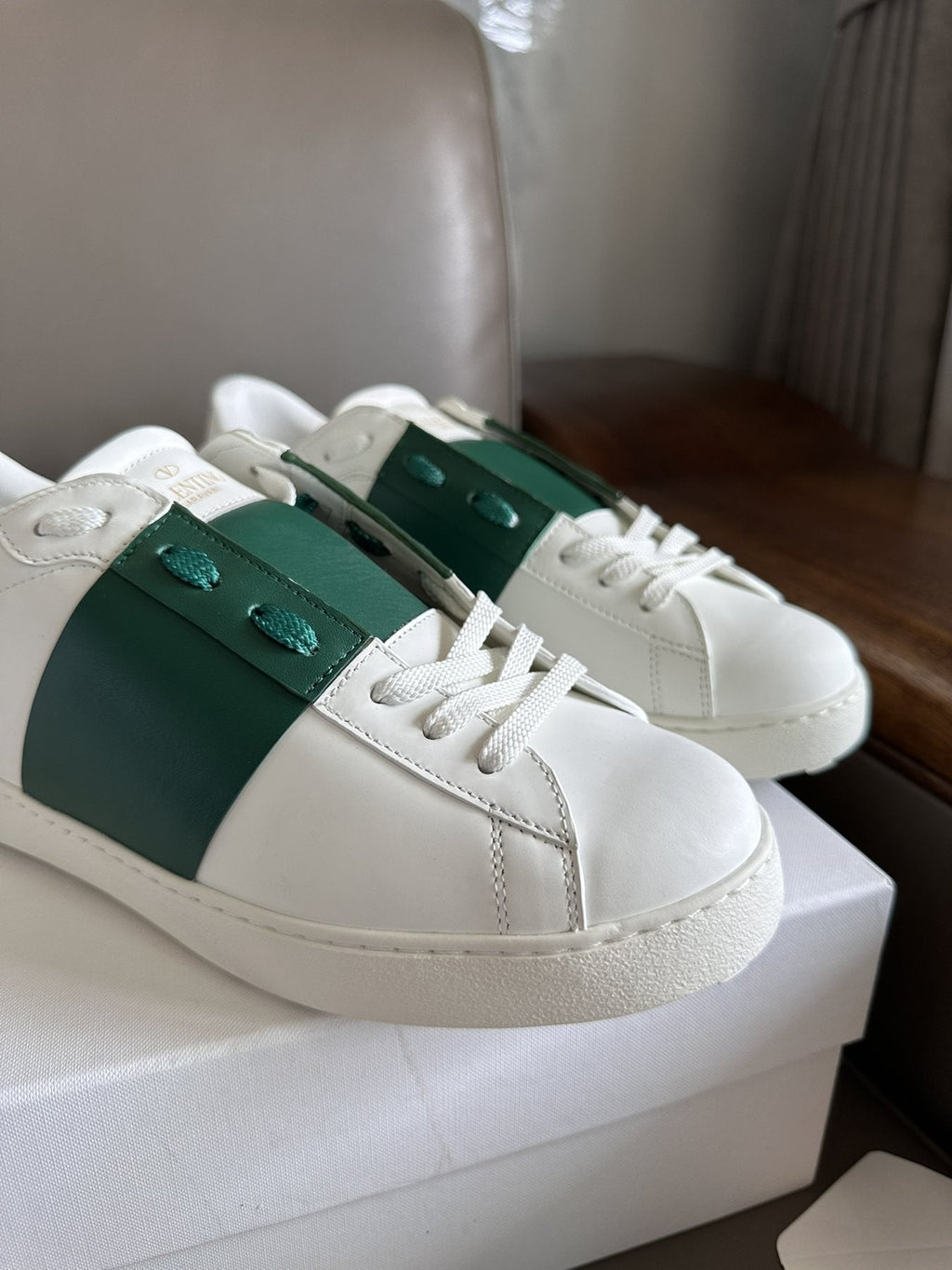 Valentino White and Green Studded Low-Top Sneakers — front