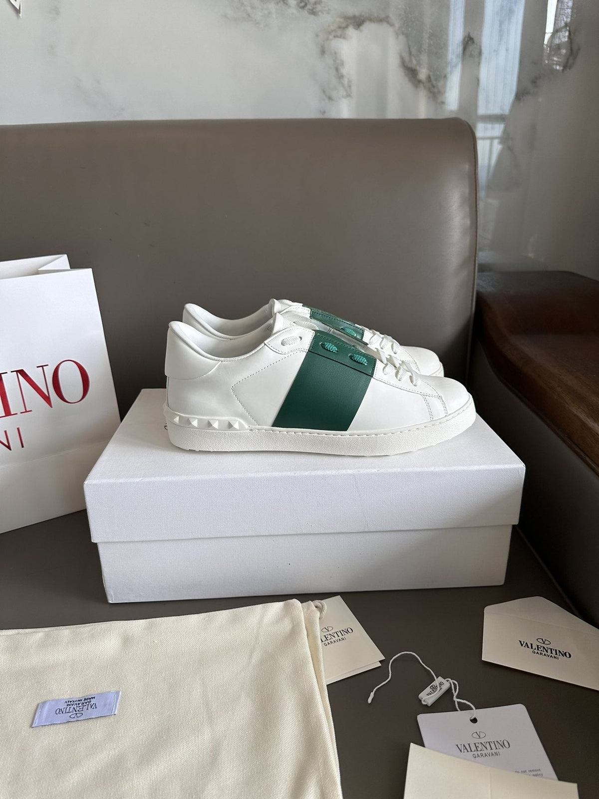 Valentino White and Green Studded Low-Top Sneakers — side