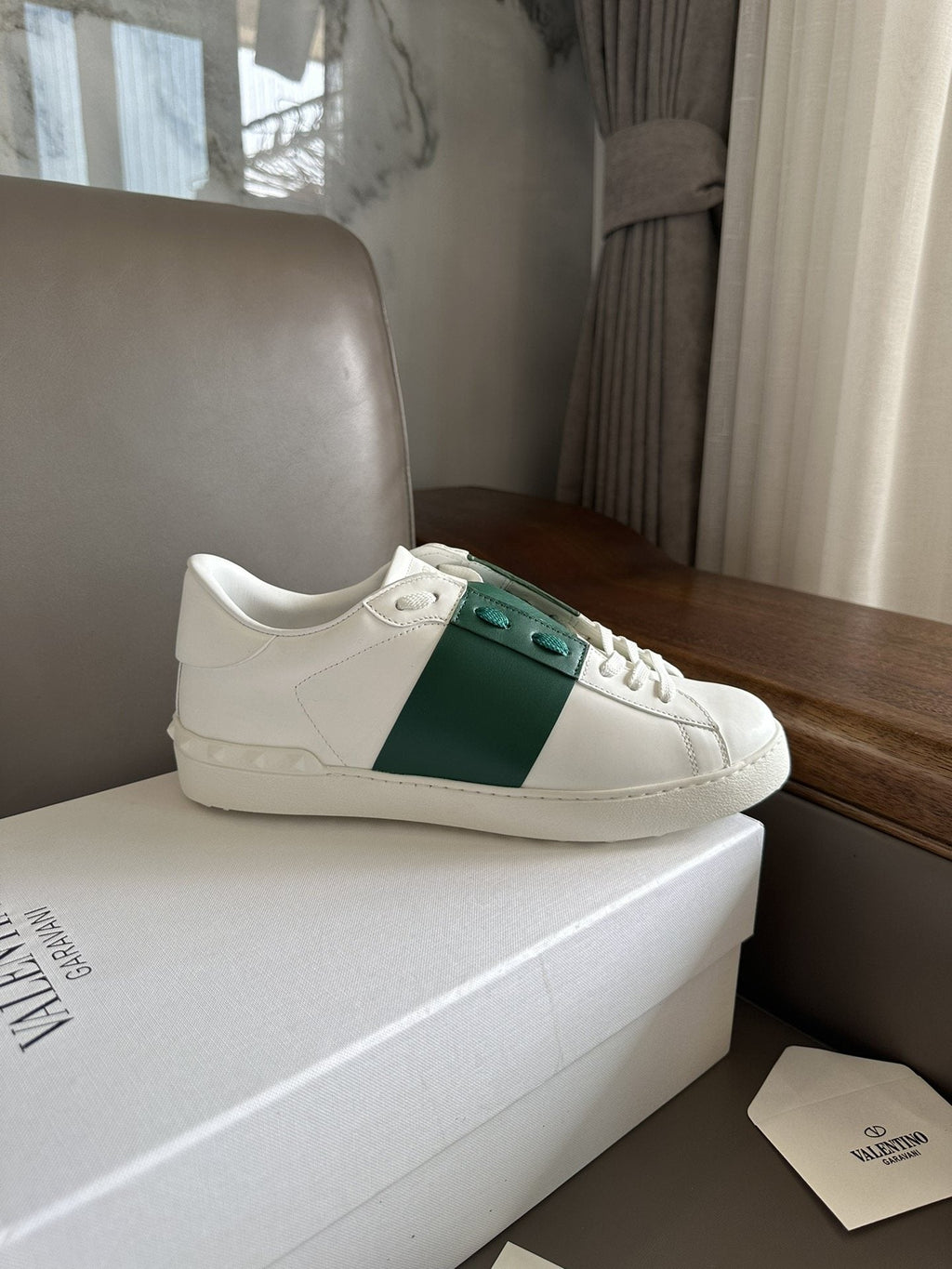 Valentino White and Green Studded Low-Top Sneakers — hero