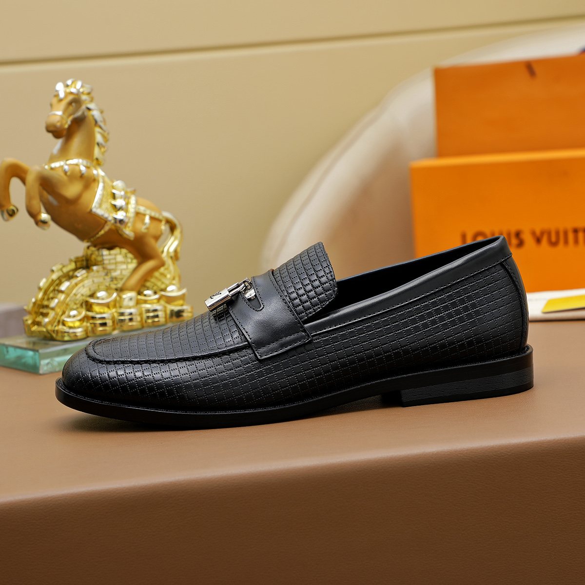 Louis Vuitton Black Textured Loafers — side