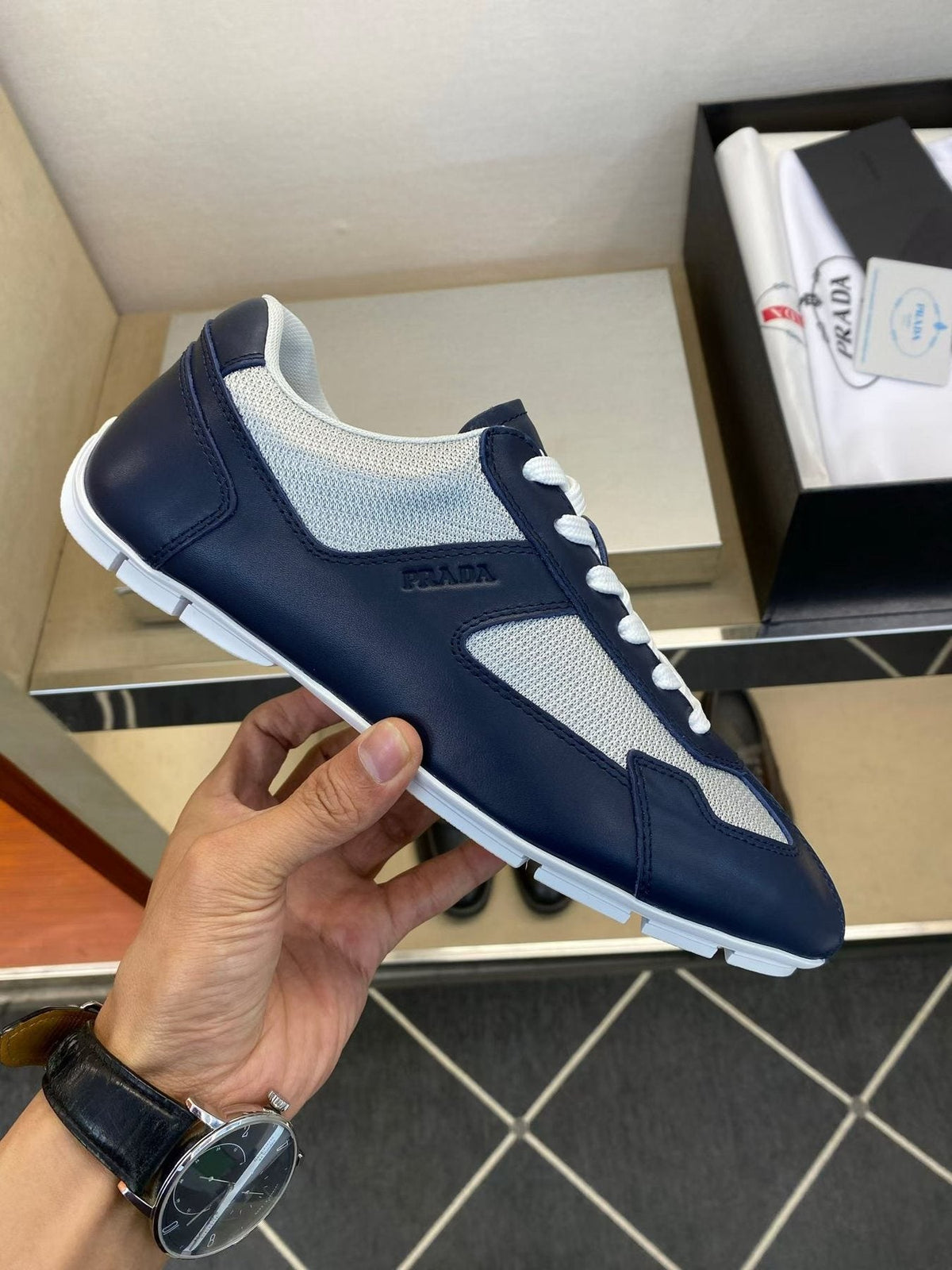 Prada Navy Blue Panel Low-Top Sneakers — side