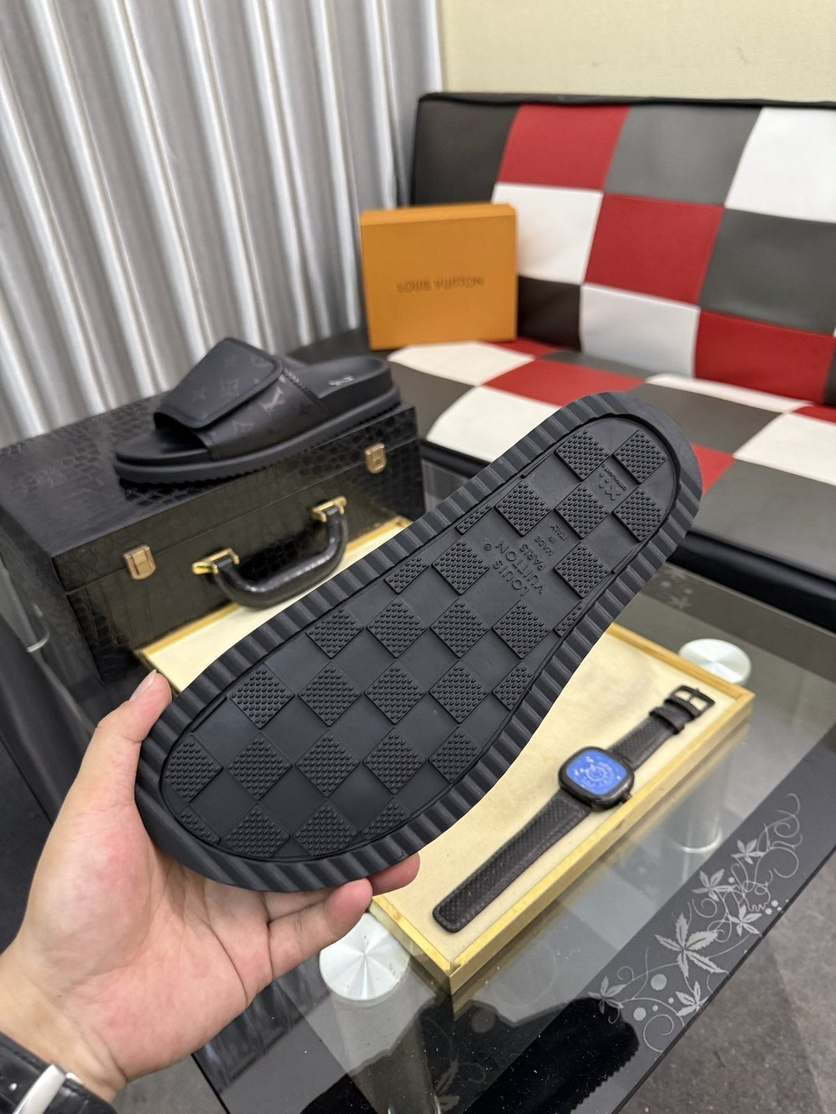 Louis Vuitton Black Monogram Slide Sandals — side