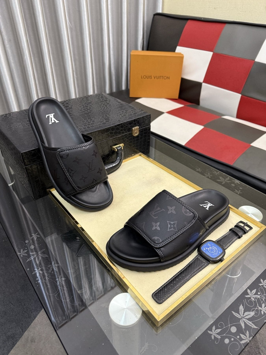 Louis Vuitton Black Monogram Slide Sandals — side